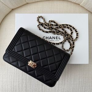 Chanel Boy Wallet on Chain in Black Lambskin with Champagne Gold Hardware